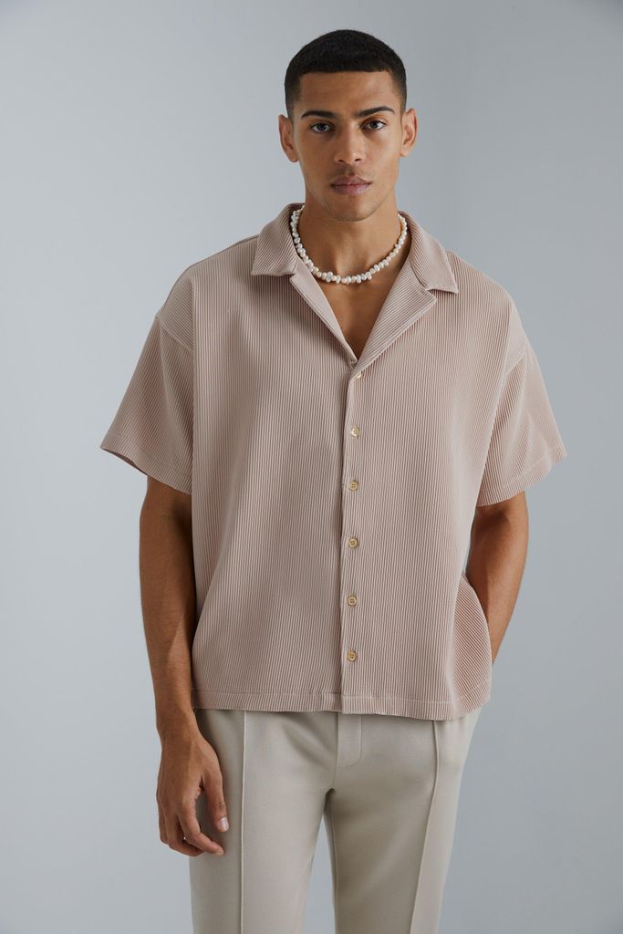 Men's Pleated Short Sleeve Oversized Boxy Shirt - Beige - S, Beige