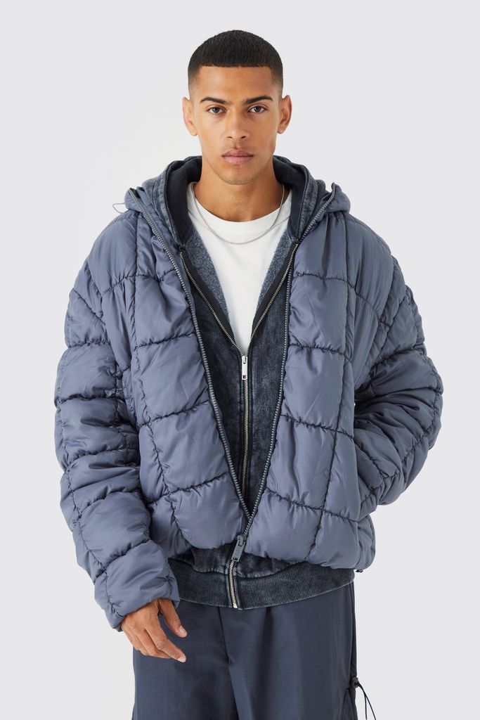 Men's Square Quilted Ruched Puffer - Grey - S, Grey