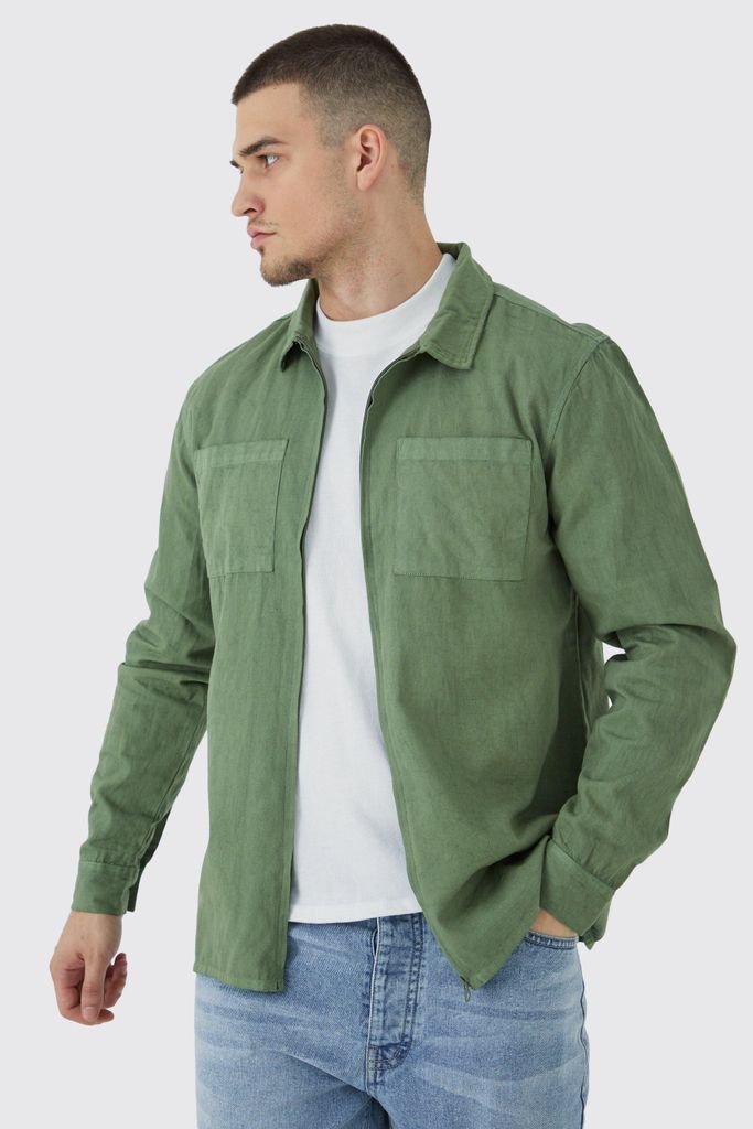 Men's Tall Oversized Overdyed Zip Through Pocket Overshirt - Green - L, Green