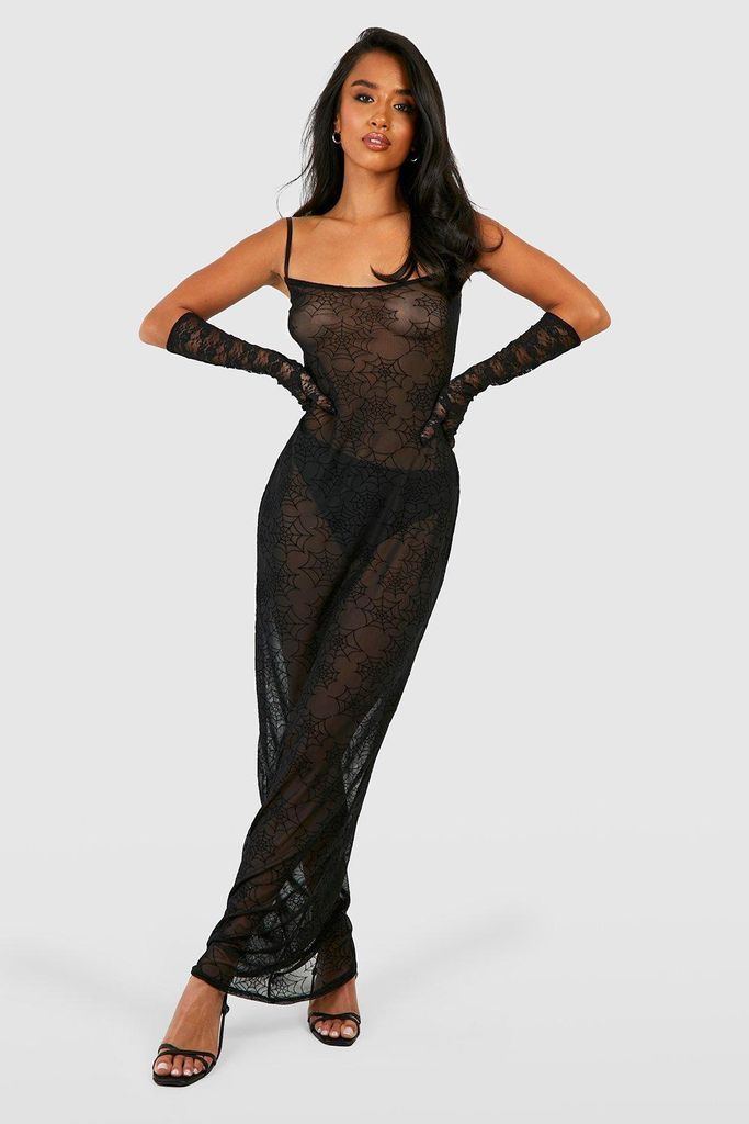Womens Petite Cobweb Flocked Mesh Maxi Dress - Black - 10, Black
