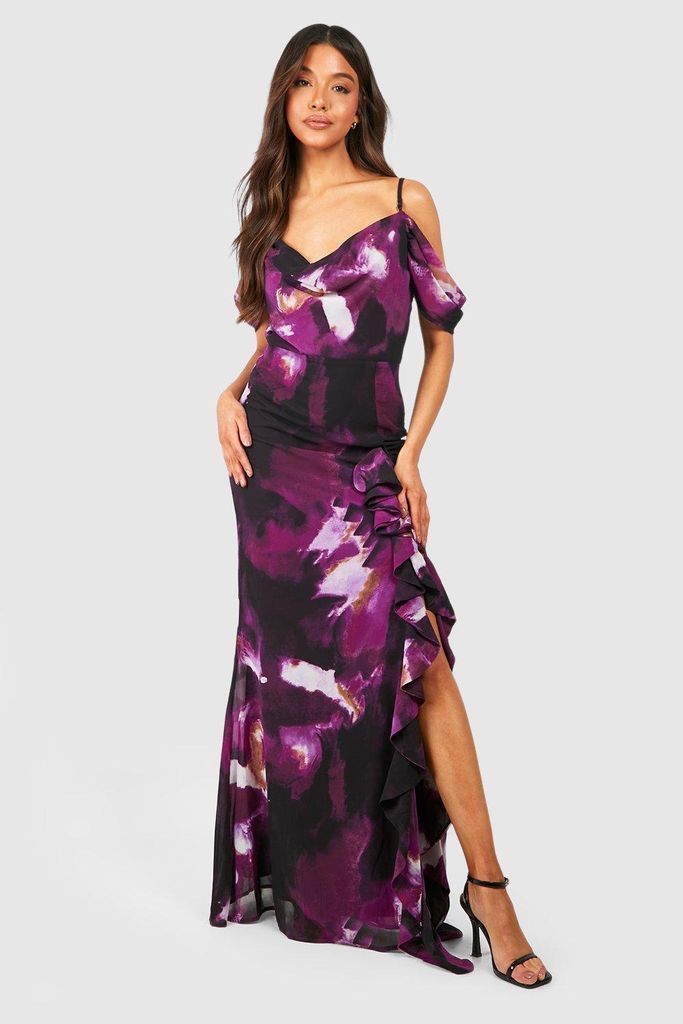 Womens Abstract Chiffon Cold Shoulder Maxi Dress - Purple - 8, Purple