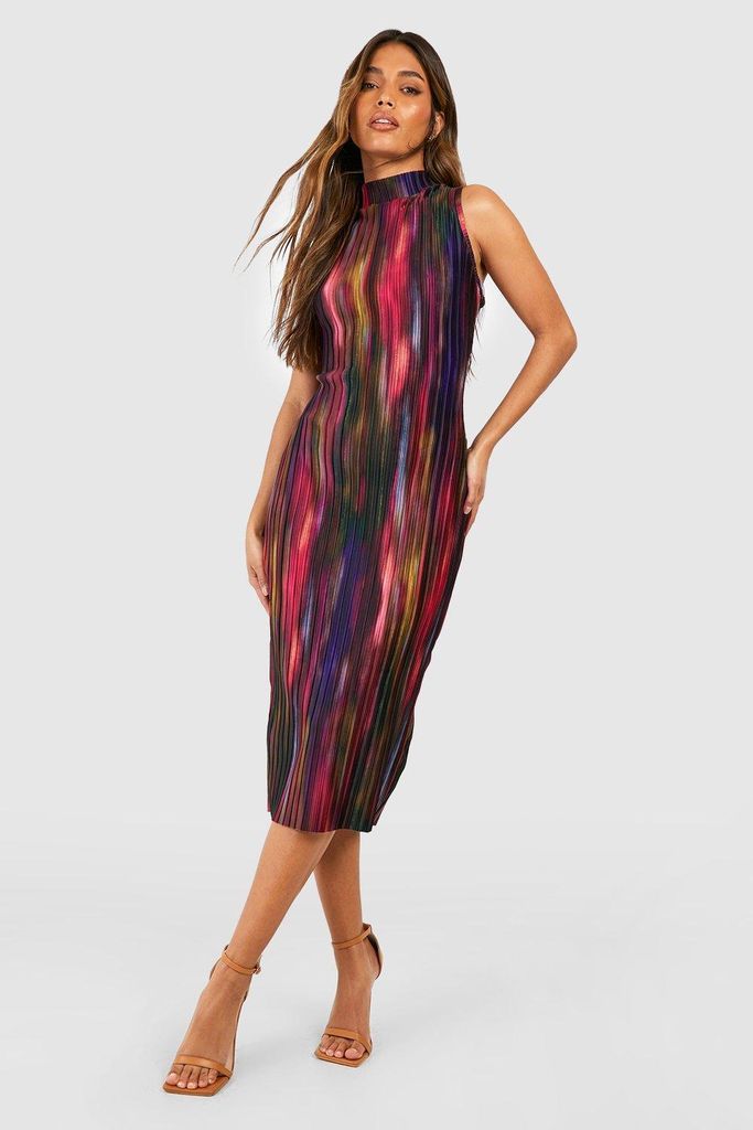 Womens Abstract Plisse High Neck Midi Dress - Multi - 8, Multi