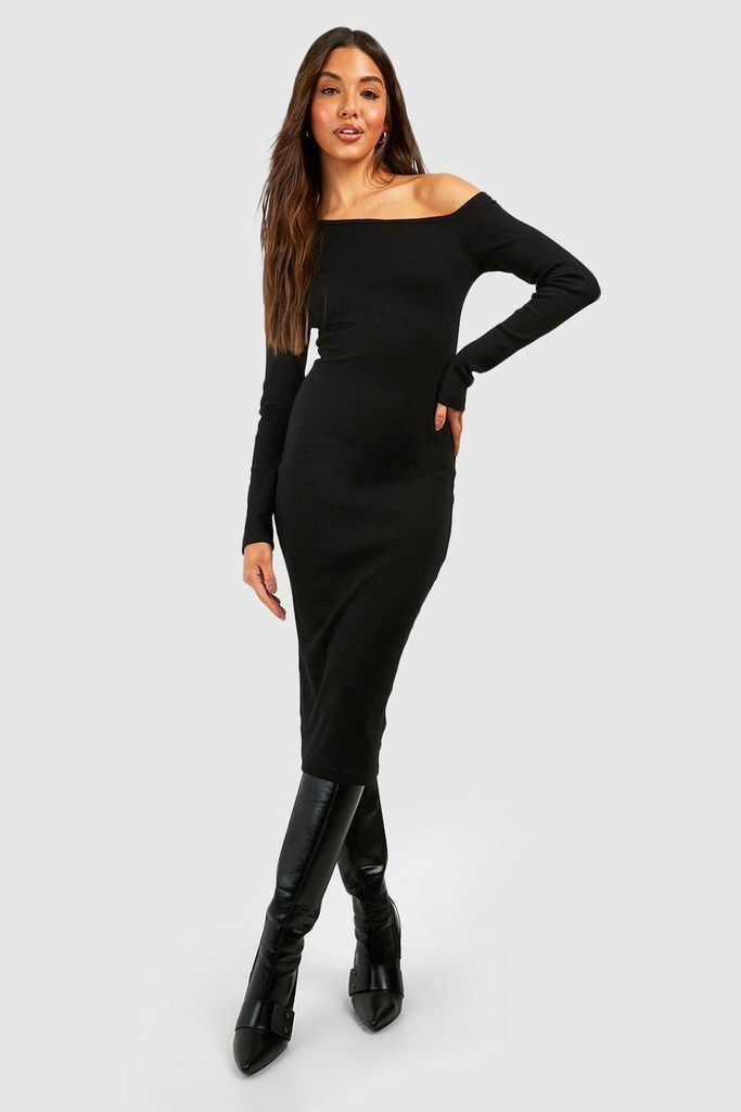 Womens Assymetric Rib Long Sleeve Midi Dress - Black - 8, Black
