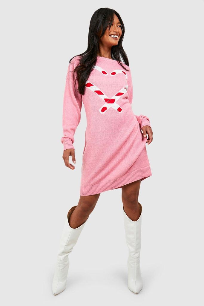 Womens Candy Cane Christmas Jumper Dress - Pink - S, Pink