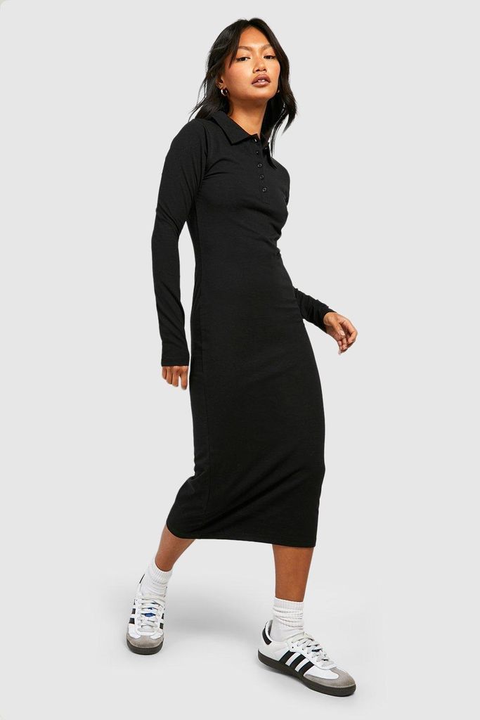 Womens Collar Detail Cotton Midi Dress - Black - 8, Black