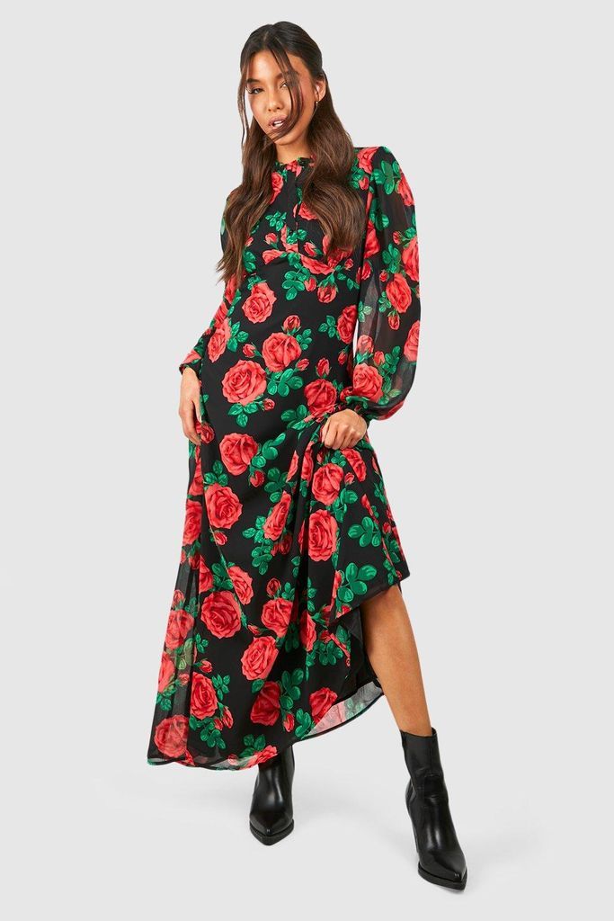 Womens Floral Chiffon Ruffle Maxi Dress - Black - 8, Black