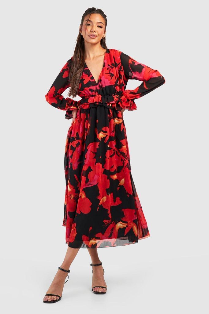 Womens Floral Chiffon Ruffle Midaxi Dress - Red - 8, Red