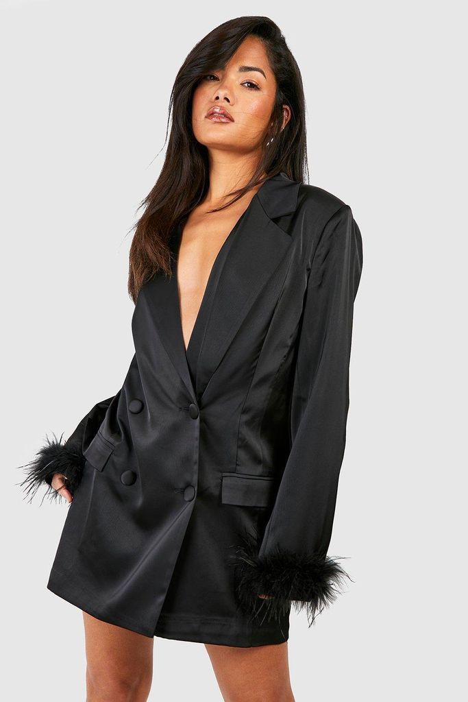 Womens Matte Satin Double Breasted Feather Trim Blazer Dress - Black - 6, Black