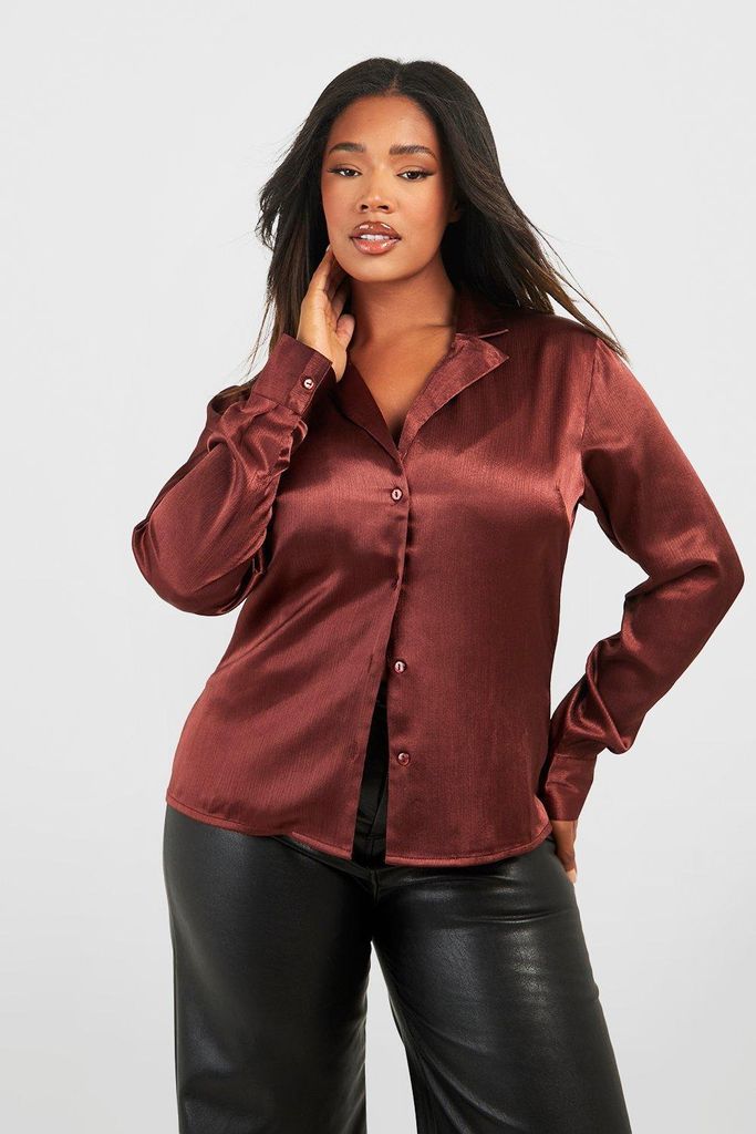 Womens Plus Button Front Textured Satin Shirt - Brown - 16, Brown