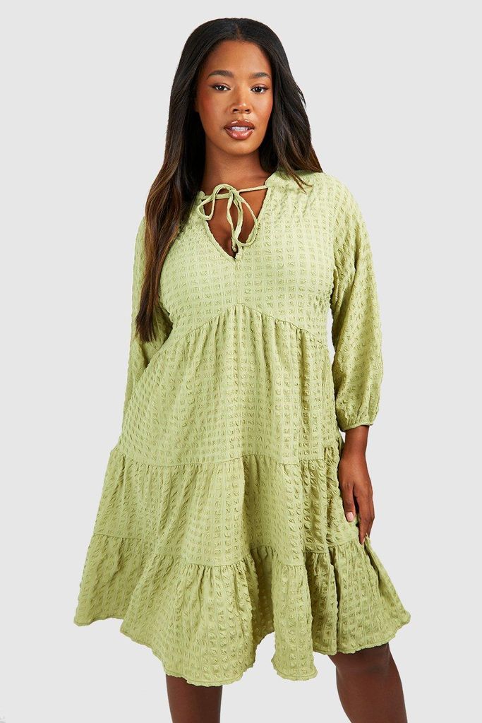 Womens Plus Textured Tiered Smock Dress - Green - 16, Green
