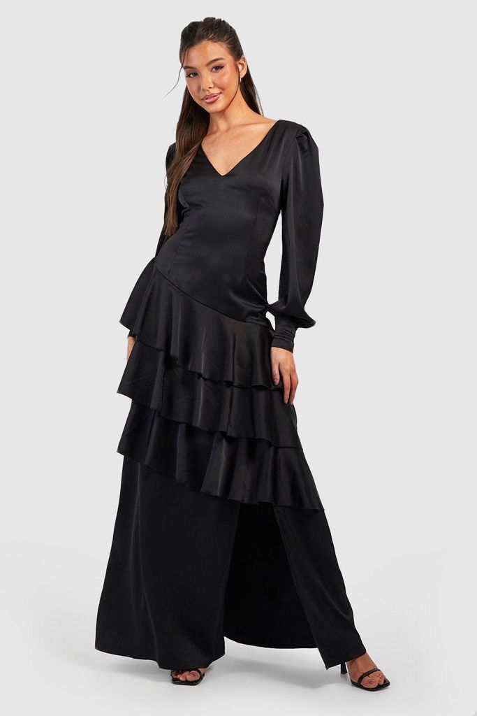 Womens Satin Ruffle Maxi Dress - Black - 8, Black