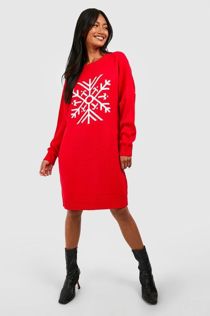 Womens Snowflake Chirstmas Jumper Dress - Red - S, Red