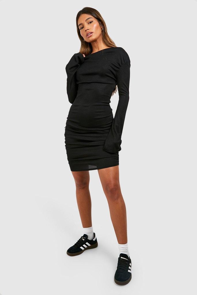 Womens Soft Rib Rouched Asymmetric Mini Dress - Black - 8, Black