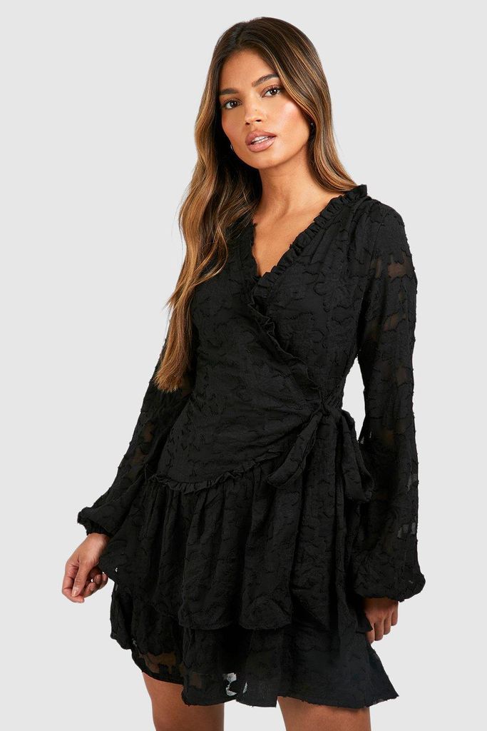 Womens Textured Jaquard Ruffle Wrap Skater Dress - Black - 8, Black