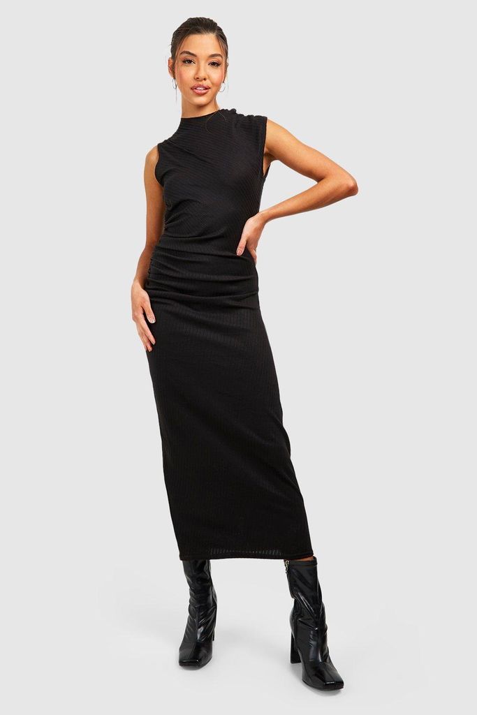 Womens Wide Rib Ruched Midaxi Dress - Black - 8, Black
