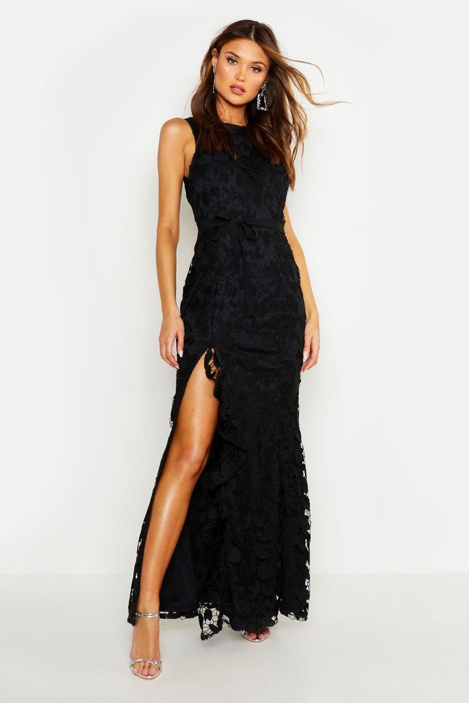 Womens Lace Ruffle Split Maxi Dress - Black - 8, Black