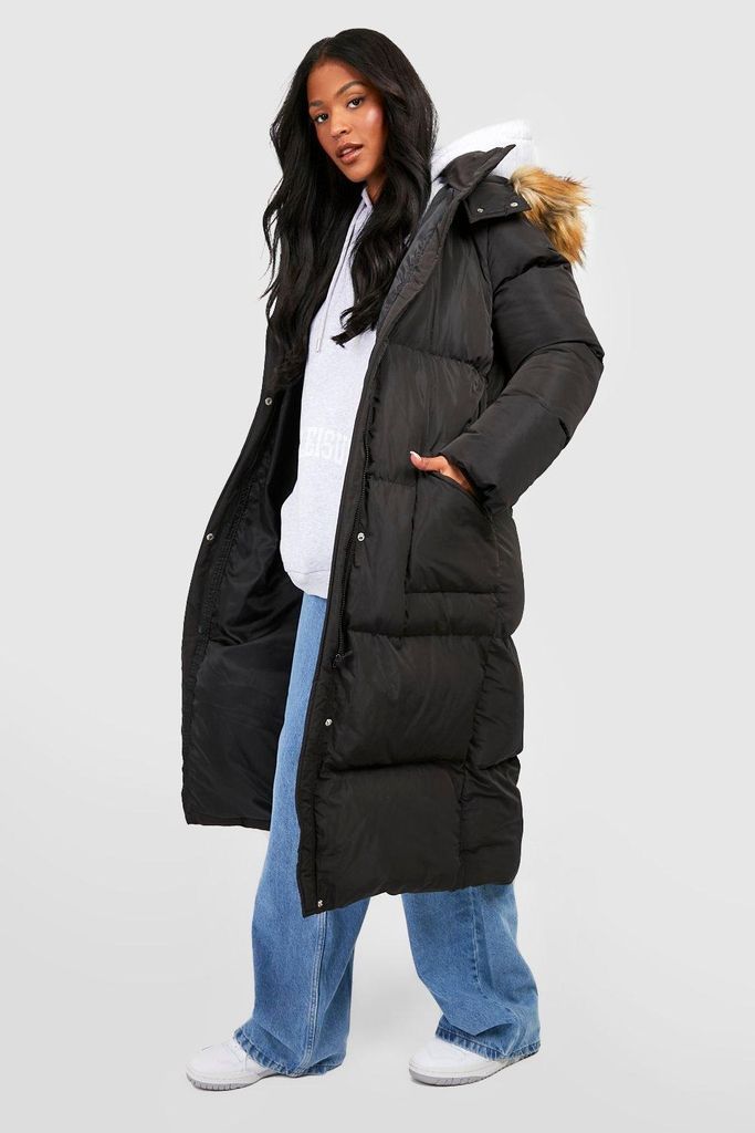 Womens Tall Faux Fur Hood Longline Padded Coat - Black - 8, Black