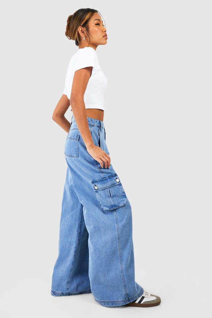 Womens Cargo Pocket Wide Leg Jeans - Blue - 6, Blue