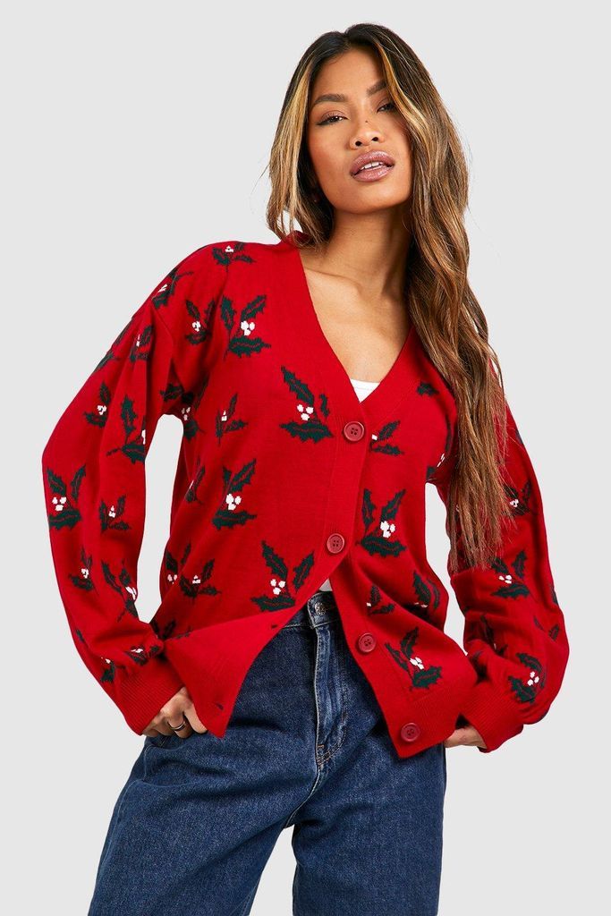 Womens Holly Print Christmas Cardigan - Red - S, Red