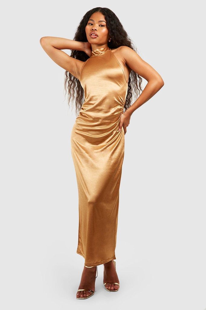 Womens Petite Satin High Neck Midaxi Dress - Gold - 6, Gold