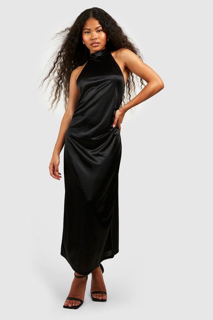 Womens Petite Satin High Neck Midaxi Dress - Black - 8, Black