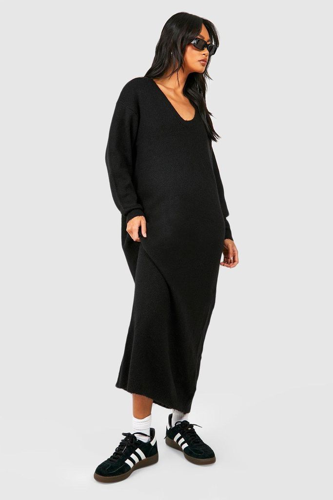 Womens Slouchy Soft Knit Maxi Knitted Dress - Black - 8, Black
