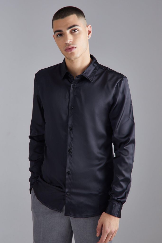 Men's Long Sleeve Satin Slim Fit Shirt - Black - S, Black
