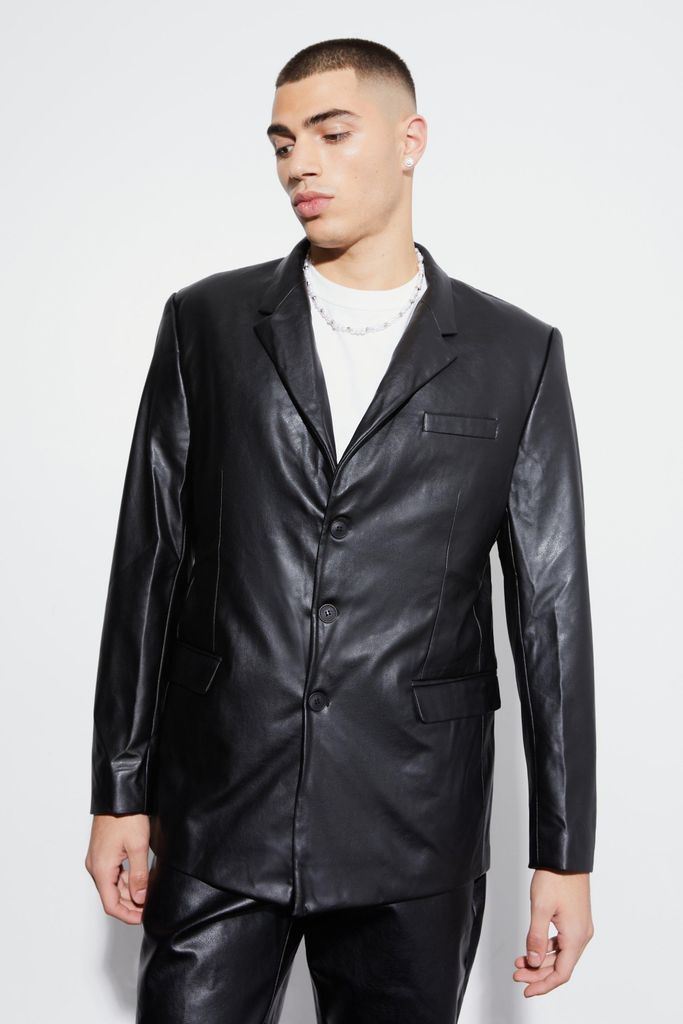 Men's Relaxed Fit Pu Suit Jacket - Black - 36, Black