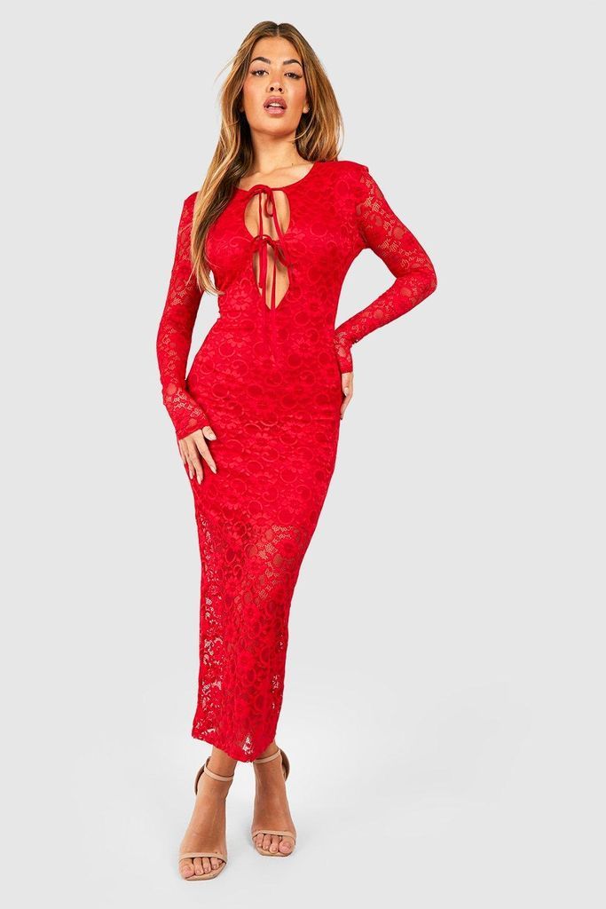 Womens Lace Tie Front Maxi Dress - Red - 8, Red