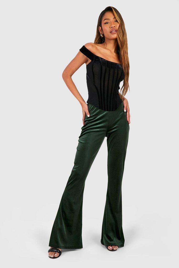 Womens Velvet High Waisted Flared Trousers - Green - 6, Green