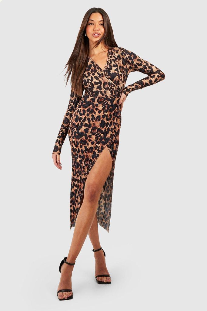 Womens Leopard Plisse Wrap Midaxi Dress - Brown - 8, Brown