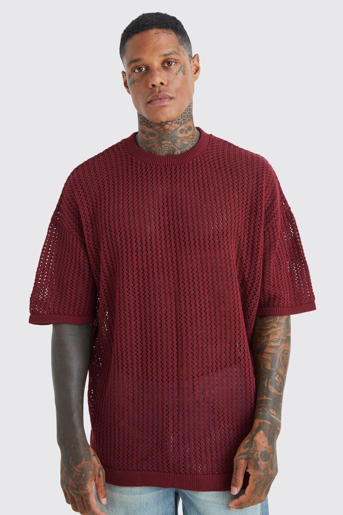 Men's Oversized Drop Shoulder Open Stitch T-Shirt - Red - S, Red