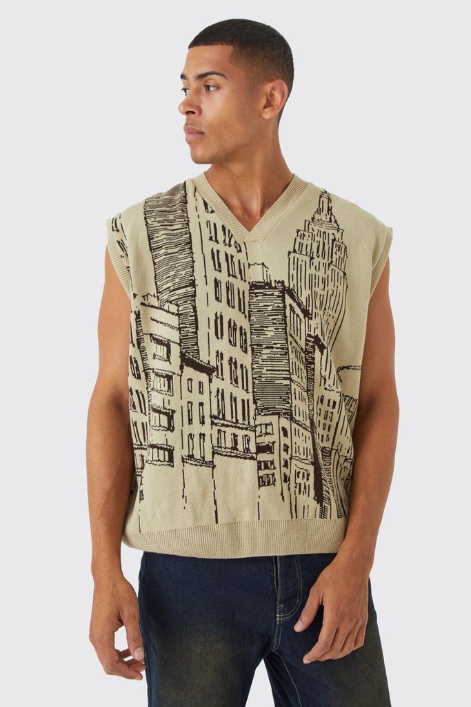 Men's Oversized Line Graphic Knitted Vest - Cream - L, Cream