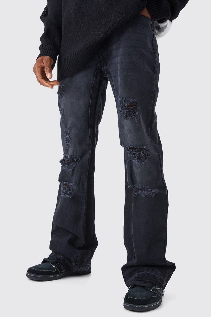 Men's Slim Rigid Flare Distressed Guesset Jeans - Black - 28R, Black