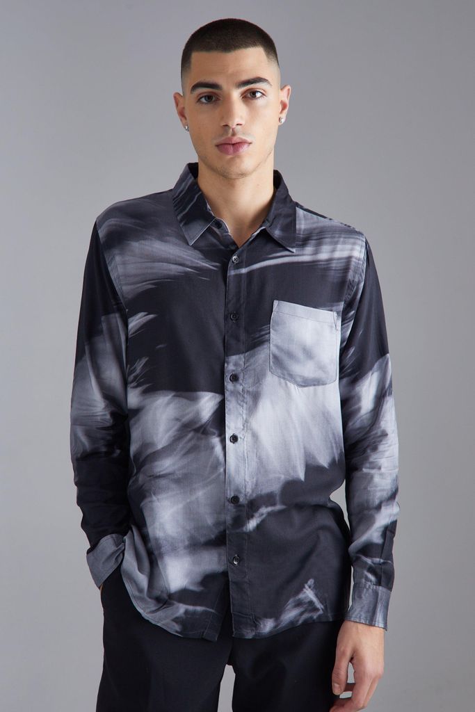 Men's Long Sleeve Viscose Abstract Tie Dye Shirt - Grey - S, Grey