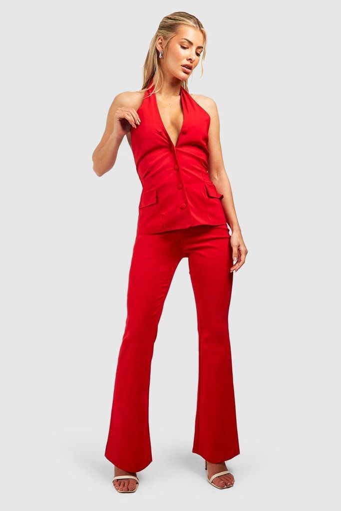 Womens Halterneck Button Front Waistcoat & Flared Trousers - 6, Red