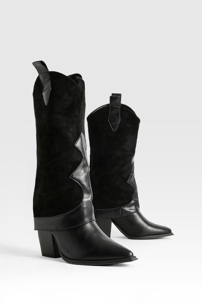 Womens Knee High Fold Over Western Cowboy Boots - Black - 3, Black