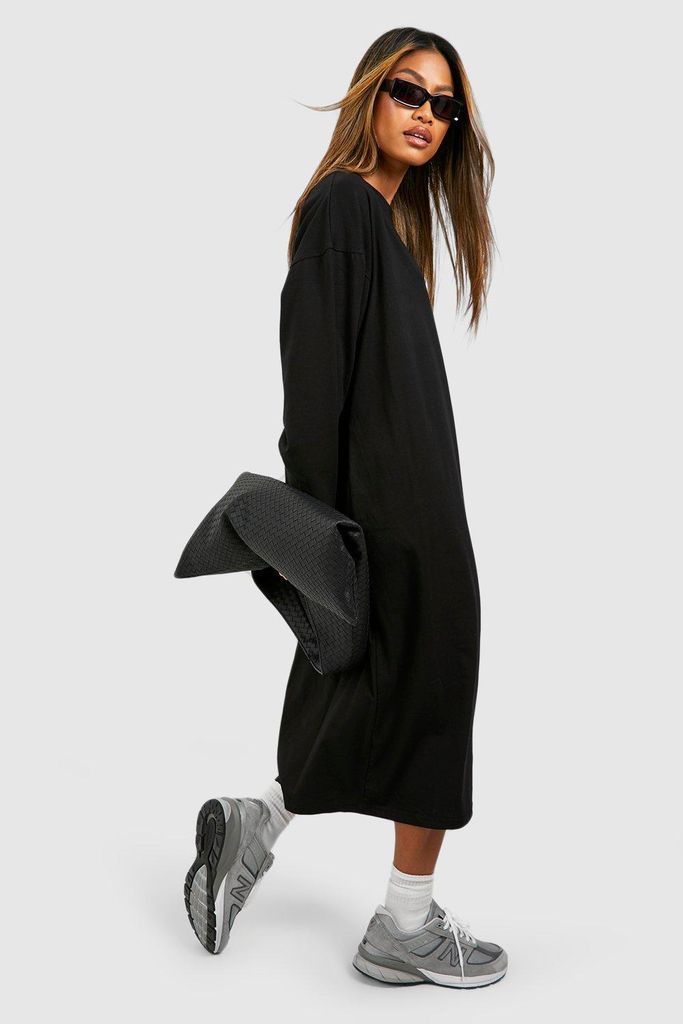 Womens Oversized Long Sleeve T-Shirt Midi Dress - Black - 8, Black