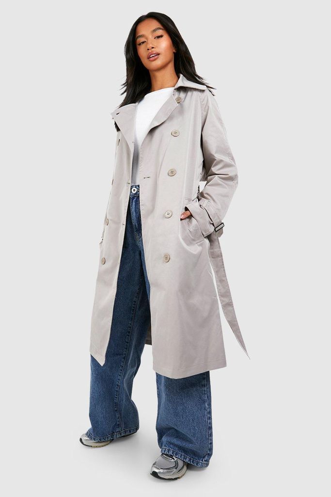 Womens Petite Double Breast Belted Trench Coat - Grey - 6, Grey