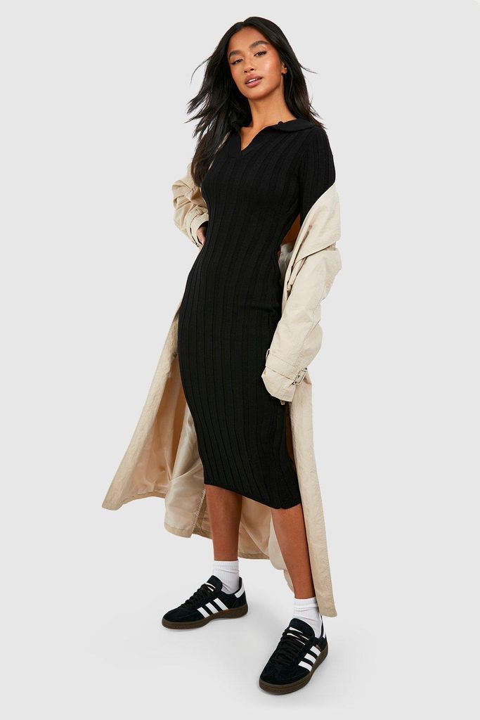 Womens Petite Jumbo Rib Collared Midi Dress - Black - S, Black