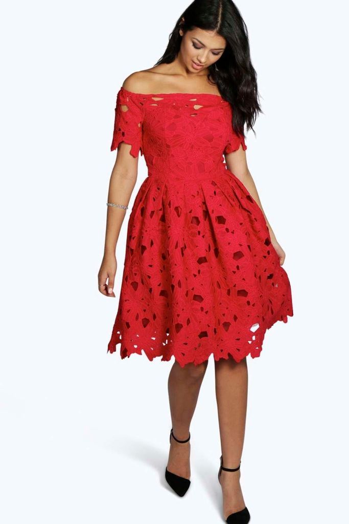 Womens Boutique Off Shoulder Lace Skater Dress - Red - 8, Red