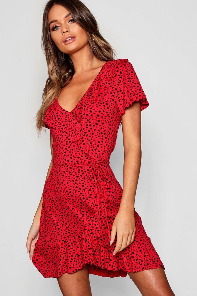 Womens Dalmatian Print Ruffle Tea Dress - Red - 8, Red