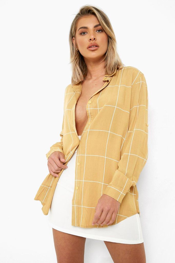 Womens Large Checked Oversized Shirt - Beige - S, Beige