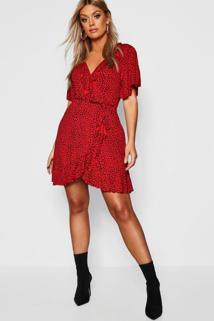 Womens Plus Dalmatian Print Ruffle Tea Dress - Red - 16, Red