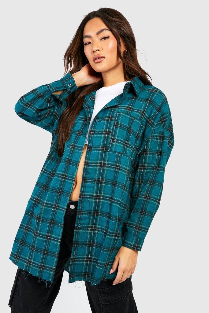 Womens Oversized Frayed Checked Shirt - Green - 6, Green