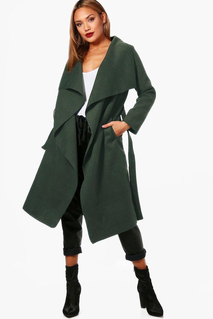 Womens Belted Waterfall Coat - Green - S/M, Green