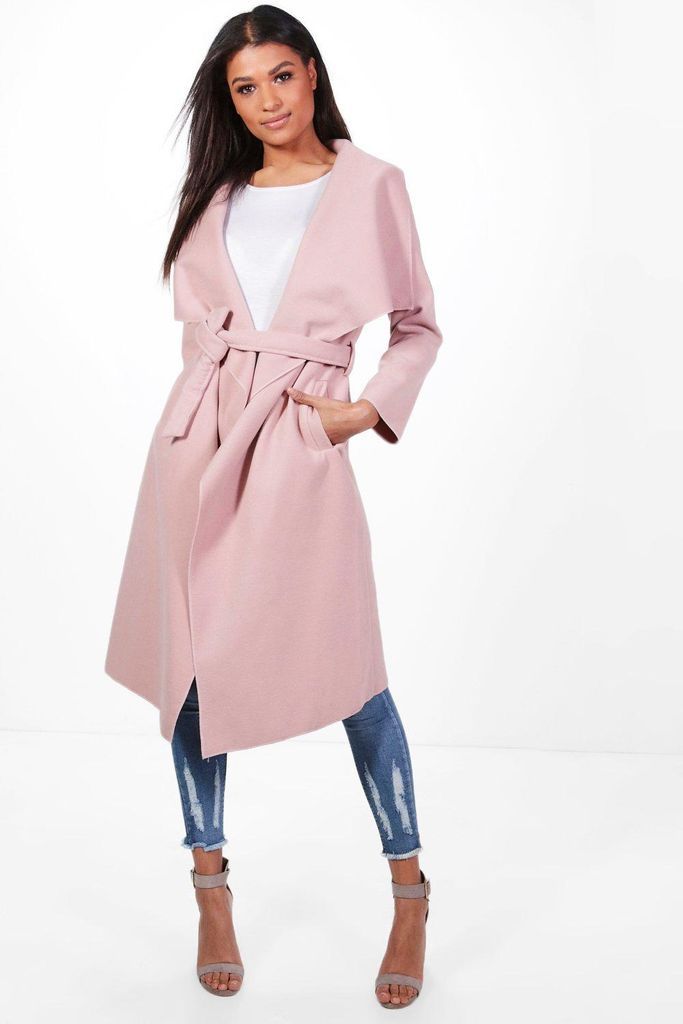 Womens Belted Waterfall Coat - Pink - S/M, Pink