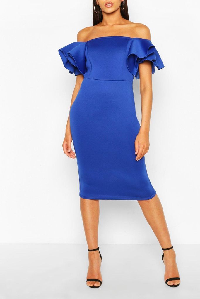 Womens Bonded Scuba Ruffle Sleeve Midi Dress - Blue - 8, Blue