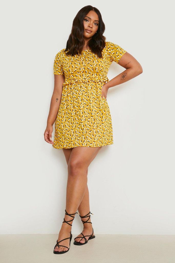Womens Plus Ditsy Floral Smock Dress - Yellow - 16, Yellow