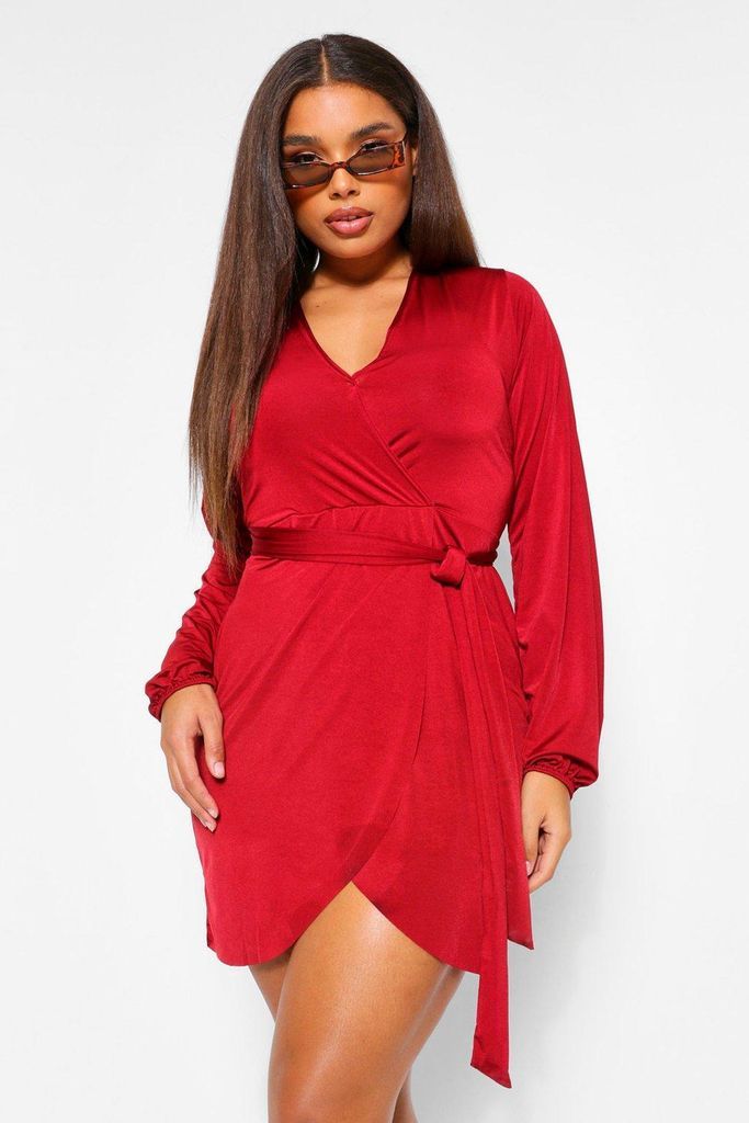 Womens Plus Disco Slinky Belted Wrap Dress - Red - 16, Red